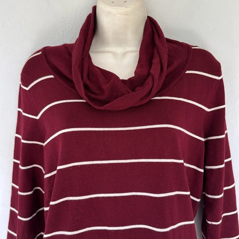 Pink Rose maroon white stripe cowl neck 3/4 sleeve long tunic sweater size large